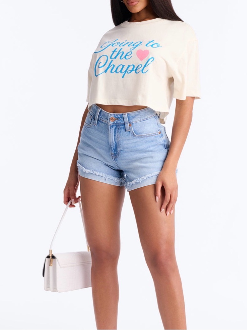 Source Unknown Cream Crop Top with Blue Script and Pink Heart - Picture 2 of 3